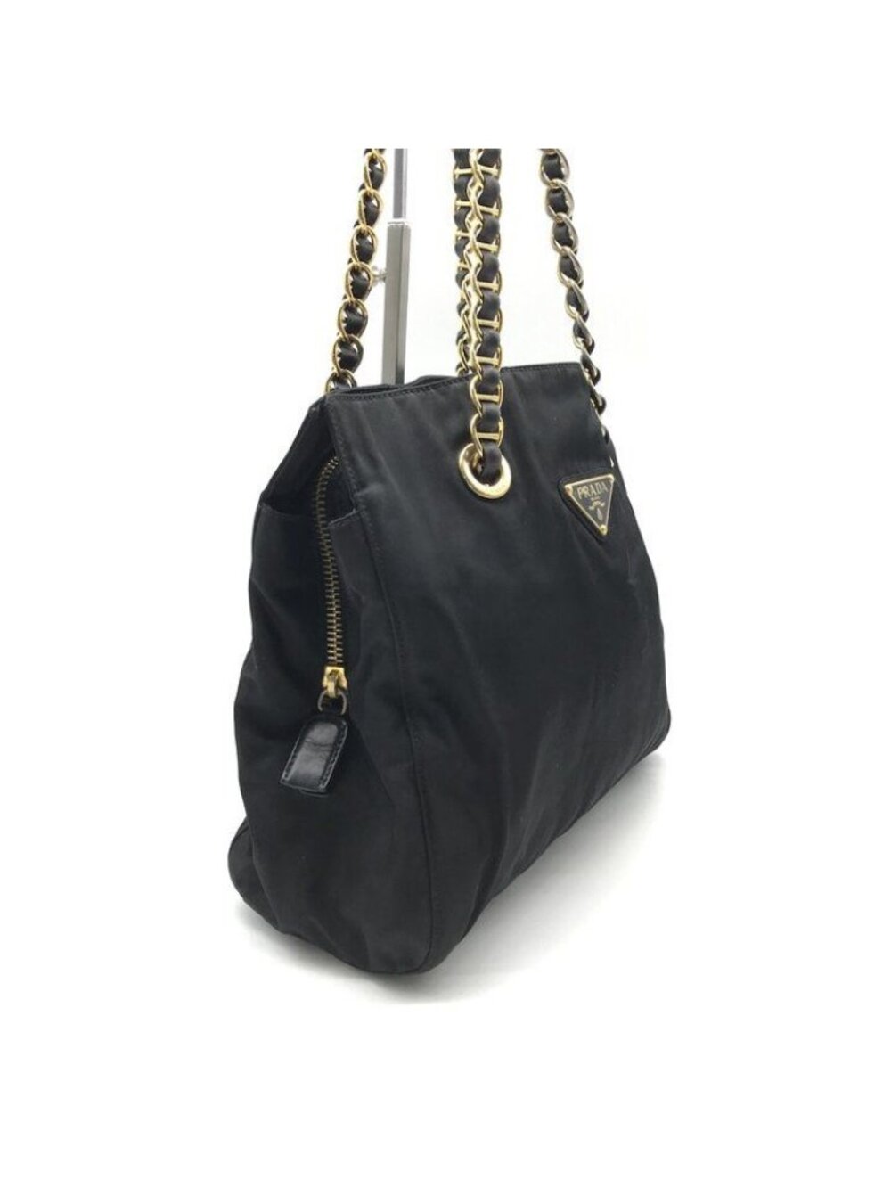 Prada Triangle Logo Nylon Tessuto Chain Shoulder Tote Black Purse - Picture 2 of 10